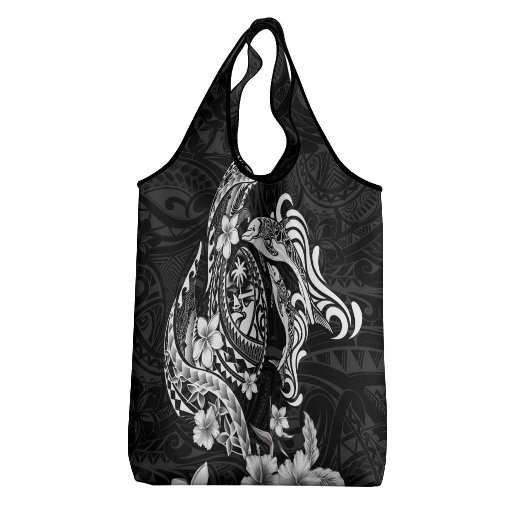 Guam Dolphins Tribal Tattoo Grocery Bag Polynesian Art and Tropical Flower Grayscale