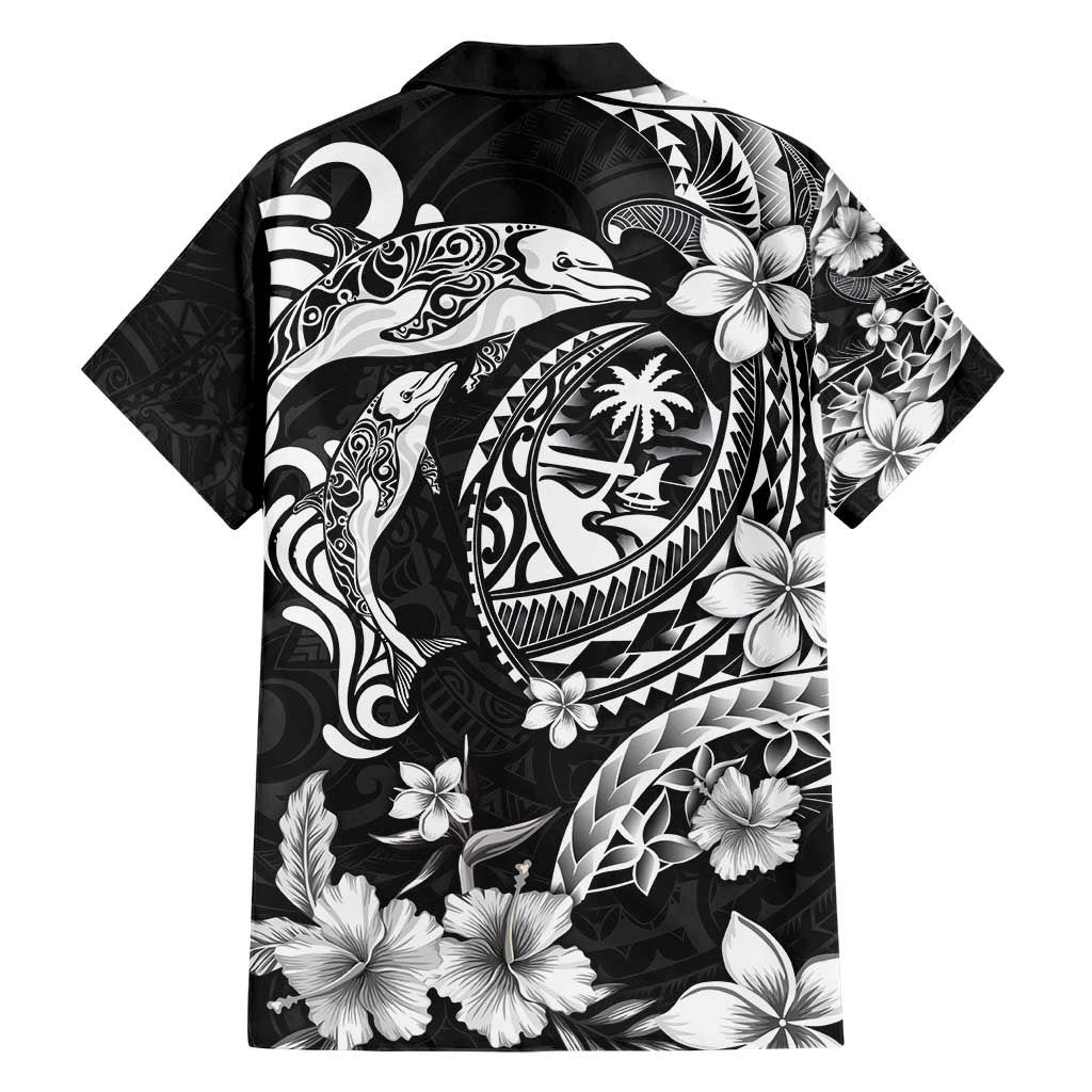Guam Dolphins Tribal Tattoo Hawaiian Shirt Polynesian Art and Tropical Flower Grayscale