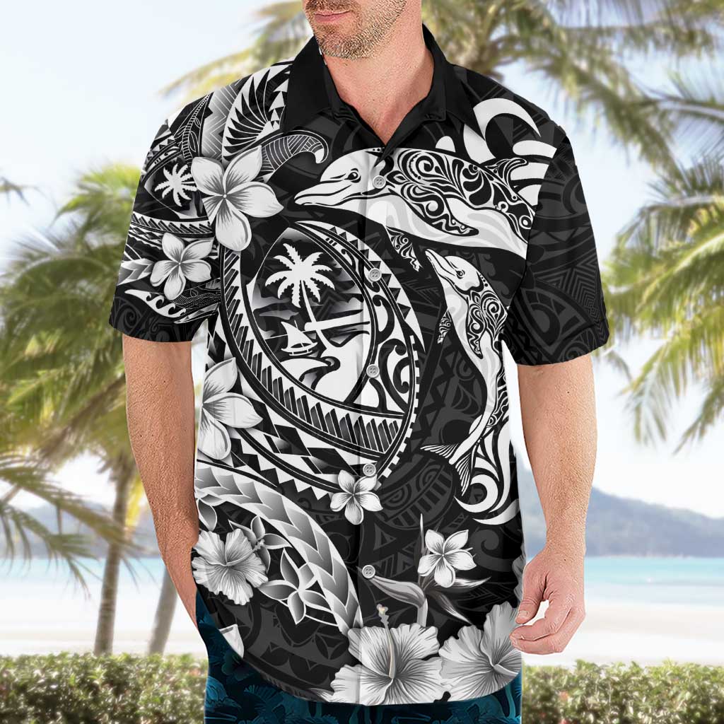 Guam Dolphins Tribal Tattoo Hawaiian Shirt Polynesian Art and Tropical Flower Grayscale