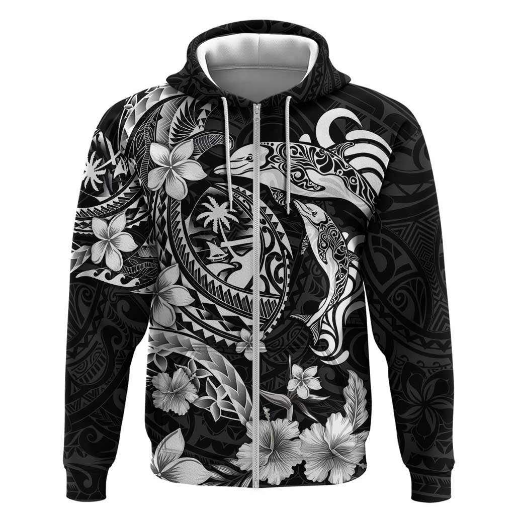 Guam Dolphins Tribal Tattoo Hoodie Polynesian Art and Tropical Flower Grayscale