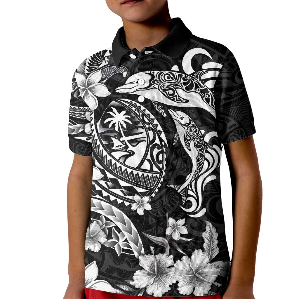 Guam Dolphins Tribal Tattoo Kid Polo Shirt Polynesian Art and Tropical Flower Grayscale