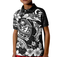 Guam Dolphins Tribal Tattoo Kid Polo Shirt Polynesian Art and Tropical Flower Grayscale