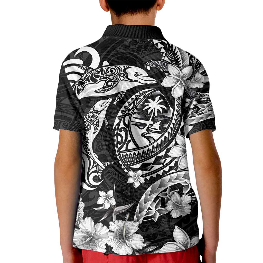 Guam Dolphins Tribal Tattoo Kid Polo Shirt Polynesian Art and Tropical Flower Grayscale