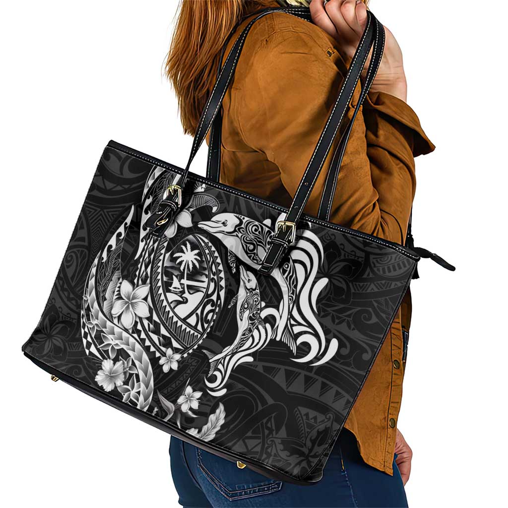 Guam Dolphins Tribal Tattoo Leather Tote Bag Polynesian Art and Tropical Flower Grayscale