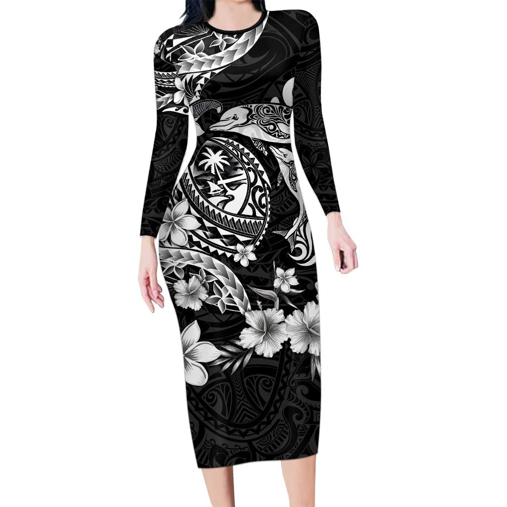 Guam Dolphins Tribal Tattoo Long Sleeve Bodycon Dress Polynesian Art and Tropical Flower Grayscale
