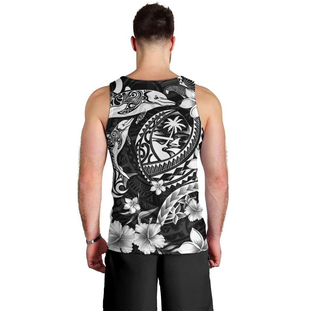 Guam Dolphins Tribal Tattoo Men Tank Top Polynesian Art and Tropical Flower Grayscale