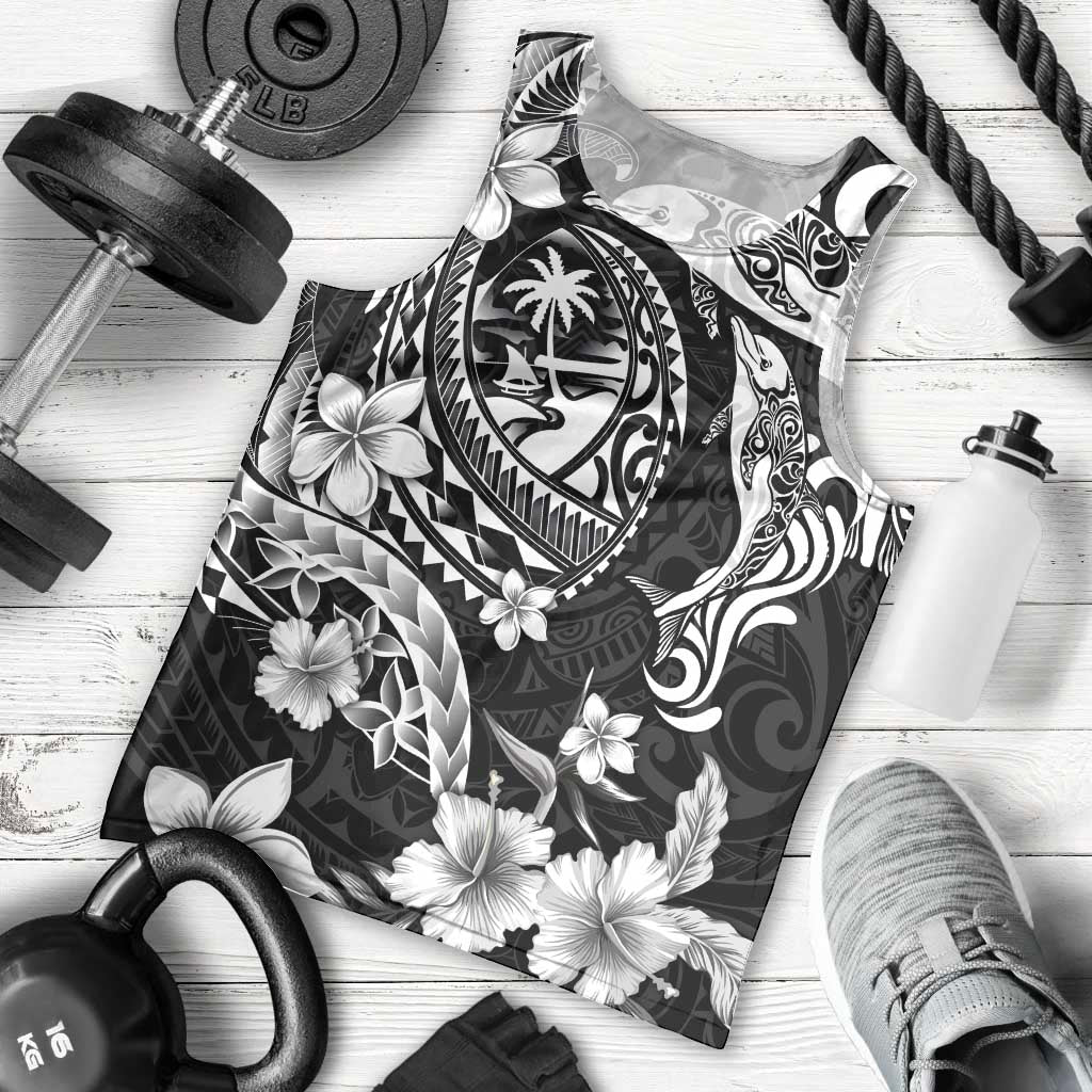 Guam Dolphins Tribal Tattoo Men Tank Top Polynesian Art and Tropical Flower Grayscale