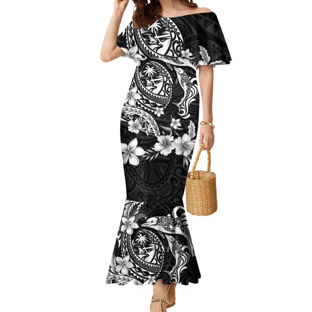 Guam Dolphins Tribal Tattoo Mermaid Dress Polynesian Art and Tropical Flower Grayscale