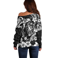 Guam Dolphins Tribal Tattoo Off Shoulder Sweater Polynesian Art and Tropical Flower Grayscale