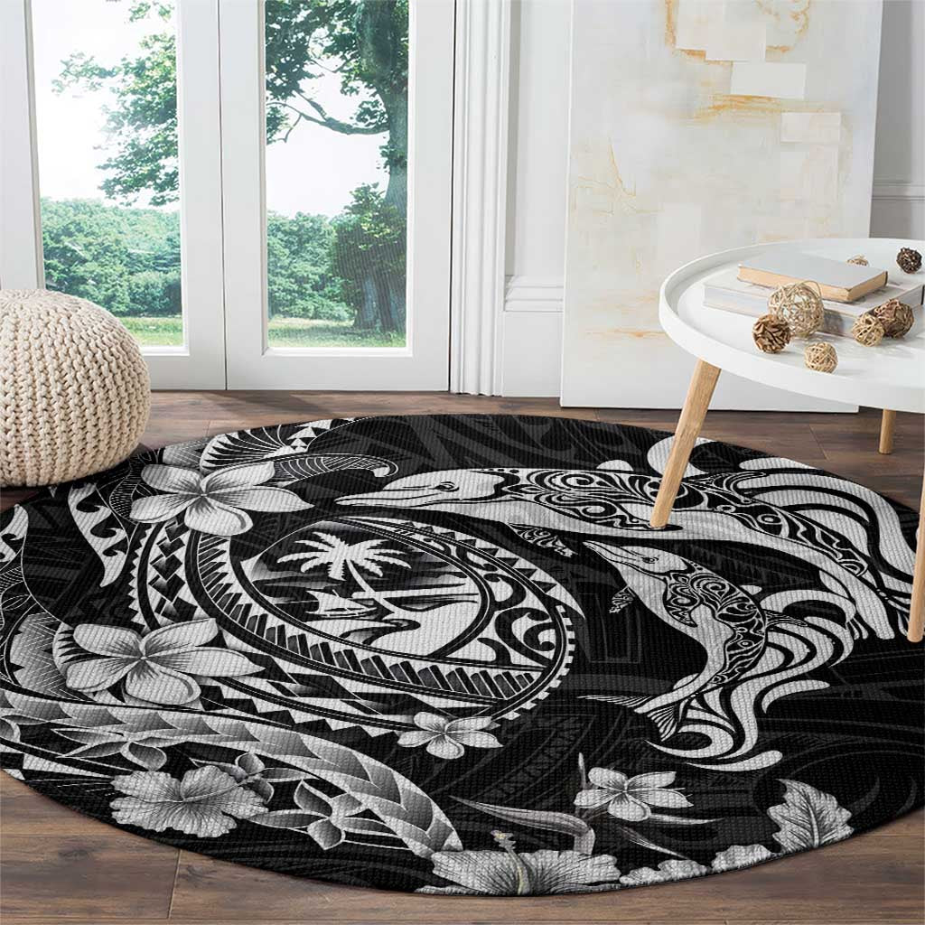 Guam Dolphins Tribal Tattoo Round Carpet Polynesian Art and Tropical Flower Grayscale