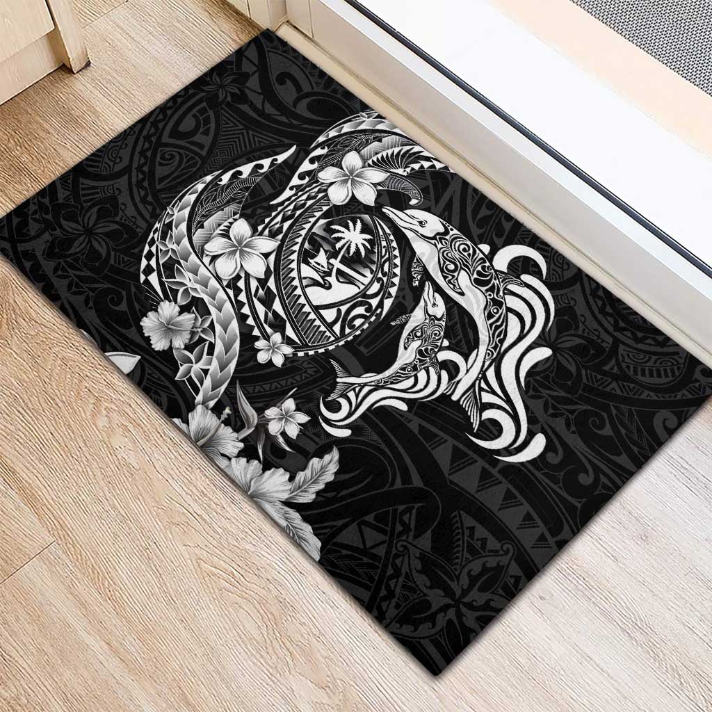 Guam Dolphins Tribal Tattoo Rubber Doormat Polynesian Art and Tropical Flower Grayscale