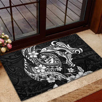 Guam Dolphins Tribal Tattoo Rubber Doormat Polynesian Art and Tropical Flower Grayscale