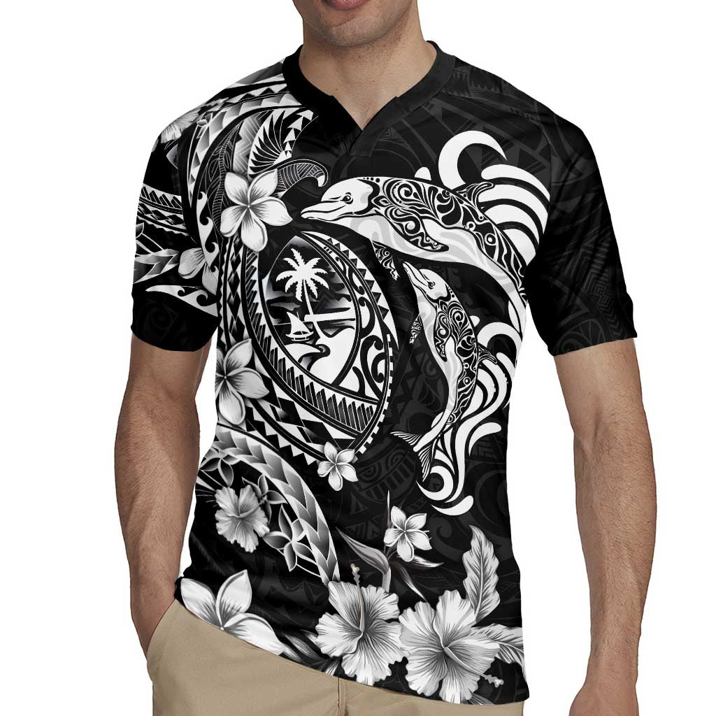 Guam Dolphins Tribal Tattoo Rugby Jersey Polynesian Art and Tropical Flower Grayscale