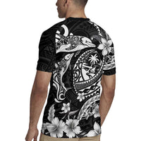 Guam Dolphins Tribal Tattoo Rugby Jersey Polynesian Art and Tropical Flower Grayscale