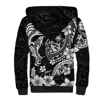 Guam Dolphins Tribal Tattoo Sherpa Hoodie Polynesian Art and Tropical Flower Grayscale