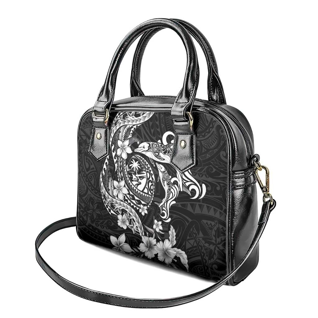Guam Dolphins Tribal Tattoo Shoulder Handbag Polynesian Art and Tropical Flower Grayscale