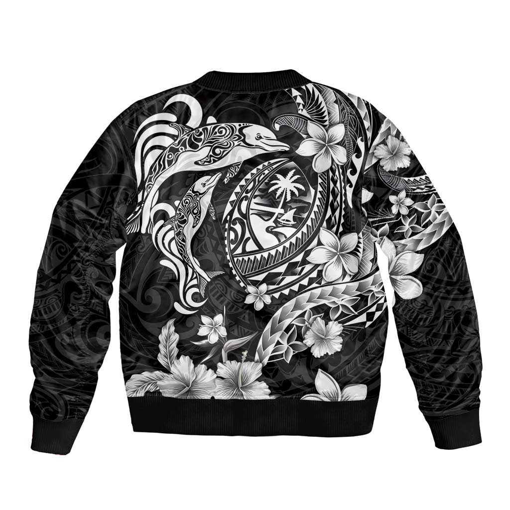 Guam Dolphins Tribal Tattoo Sleeve Zip Bomber Jacket Polynesian Art and Tropical Flower Grayscale