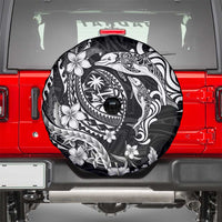 Guam Dolphins Tribal Tattoo Spare Tire Cover Polynesian Art and Tropical Flower Grayscale