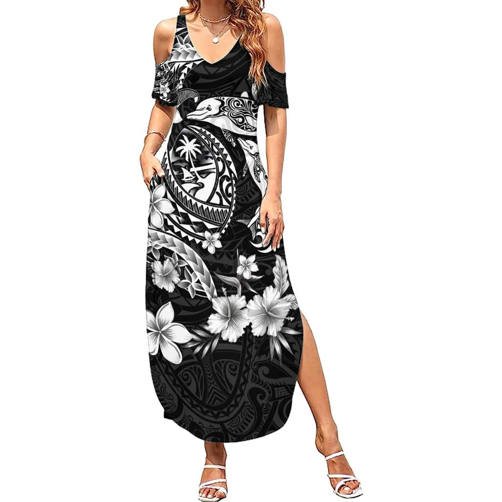 Guam Dolphins Tribal Tattoo Summer Maxi Dress Polynesian Art and Tropical Flower Grayscale