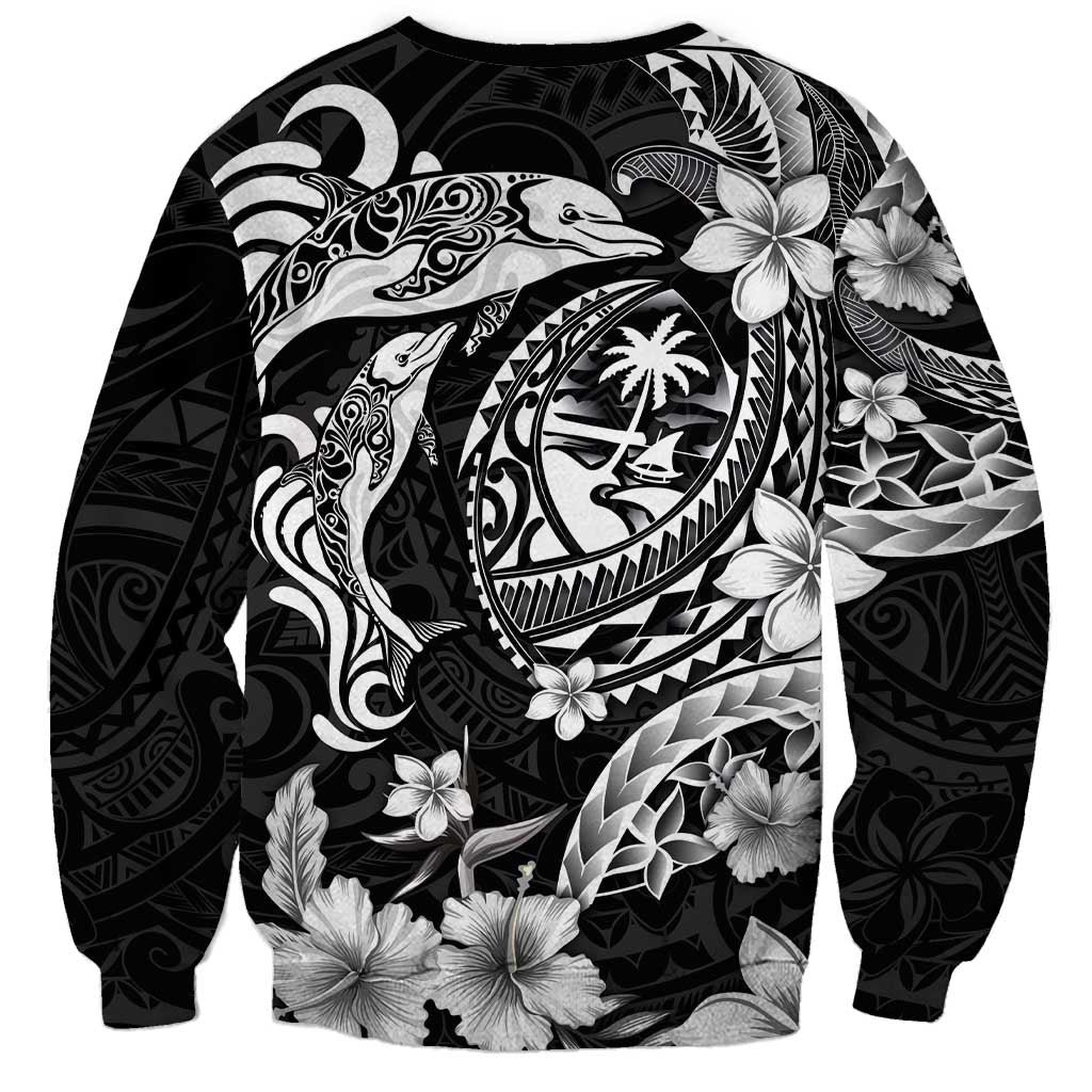 Guam Dolphins Tribal Tattoo Sweatshirt Polynesian Art and Tropical Flower Grayscale