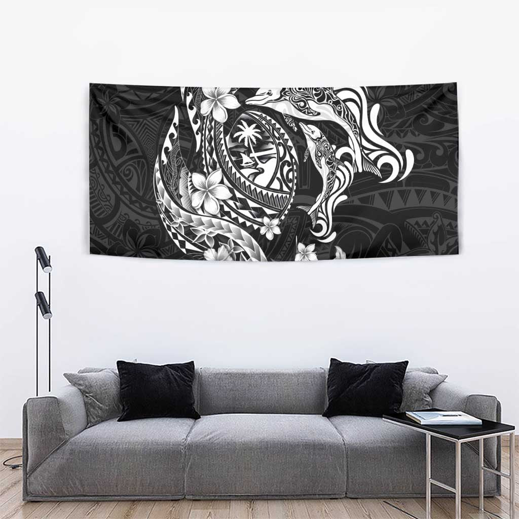 Guam Dolphins Tribal Tattoo Tapestry Polynesian Art and Tropical Flower Grayscale