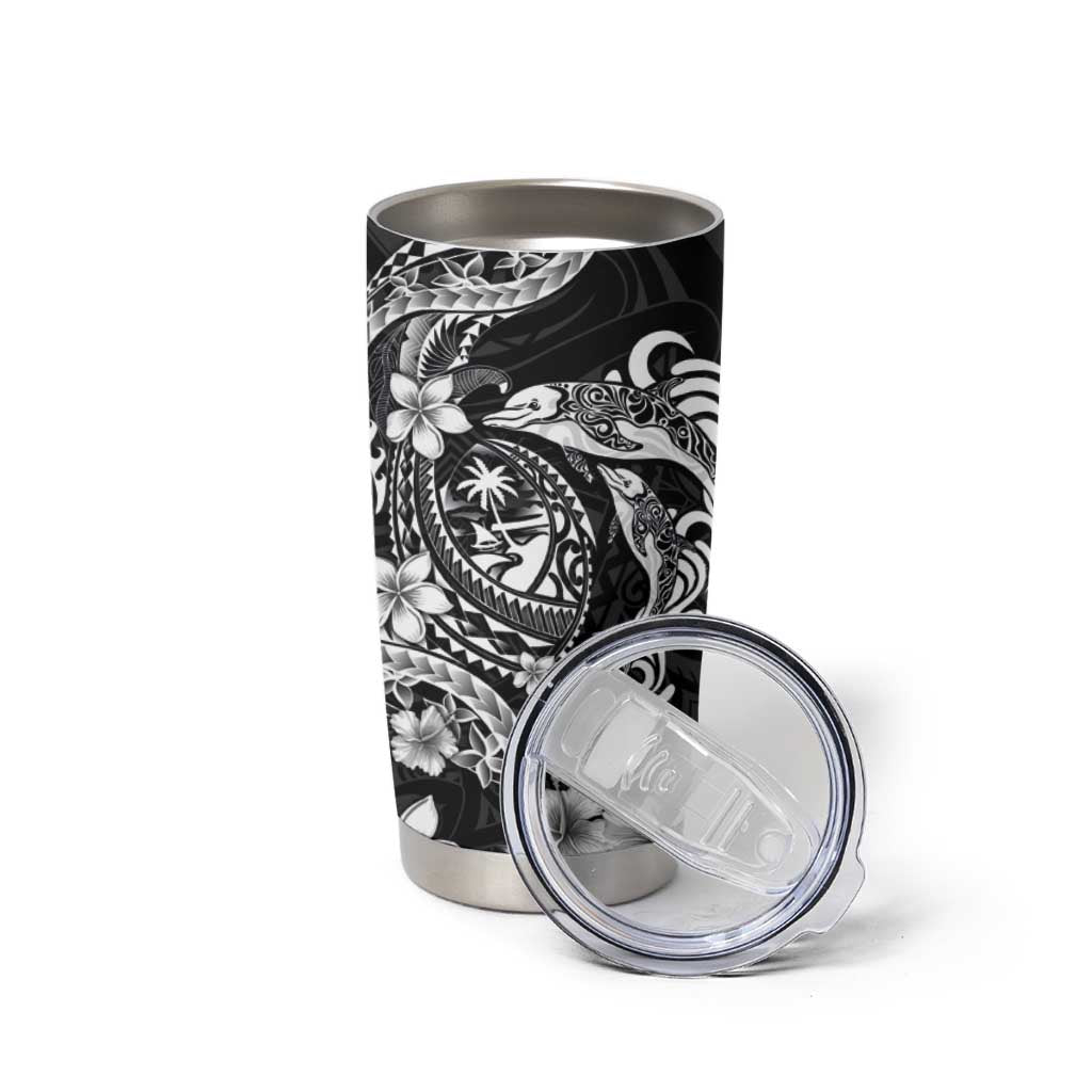 Guam Dolphins Tribal Tattoo Tumbler Cup Polynesian Art and Tropical Flower Grayscale