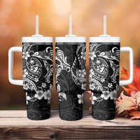 Guam Dolphins Tribal Tattoo Tumbler With Handle Polynesian Art and Tropical Flower Grayscale