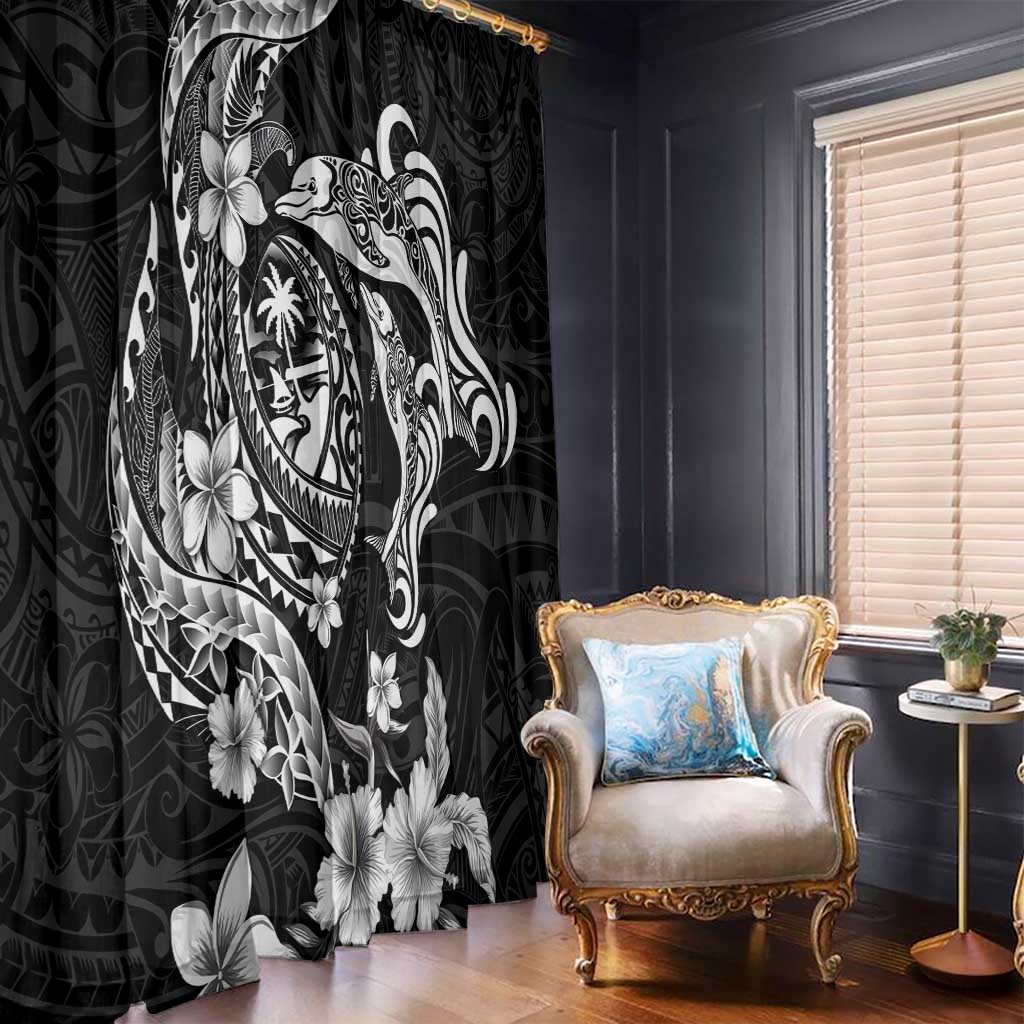 Guam Dolphins Tribal Tattoo Window Curtain Polynesian Art and Tropical Flower Grayscale