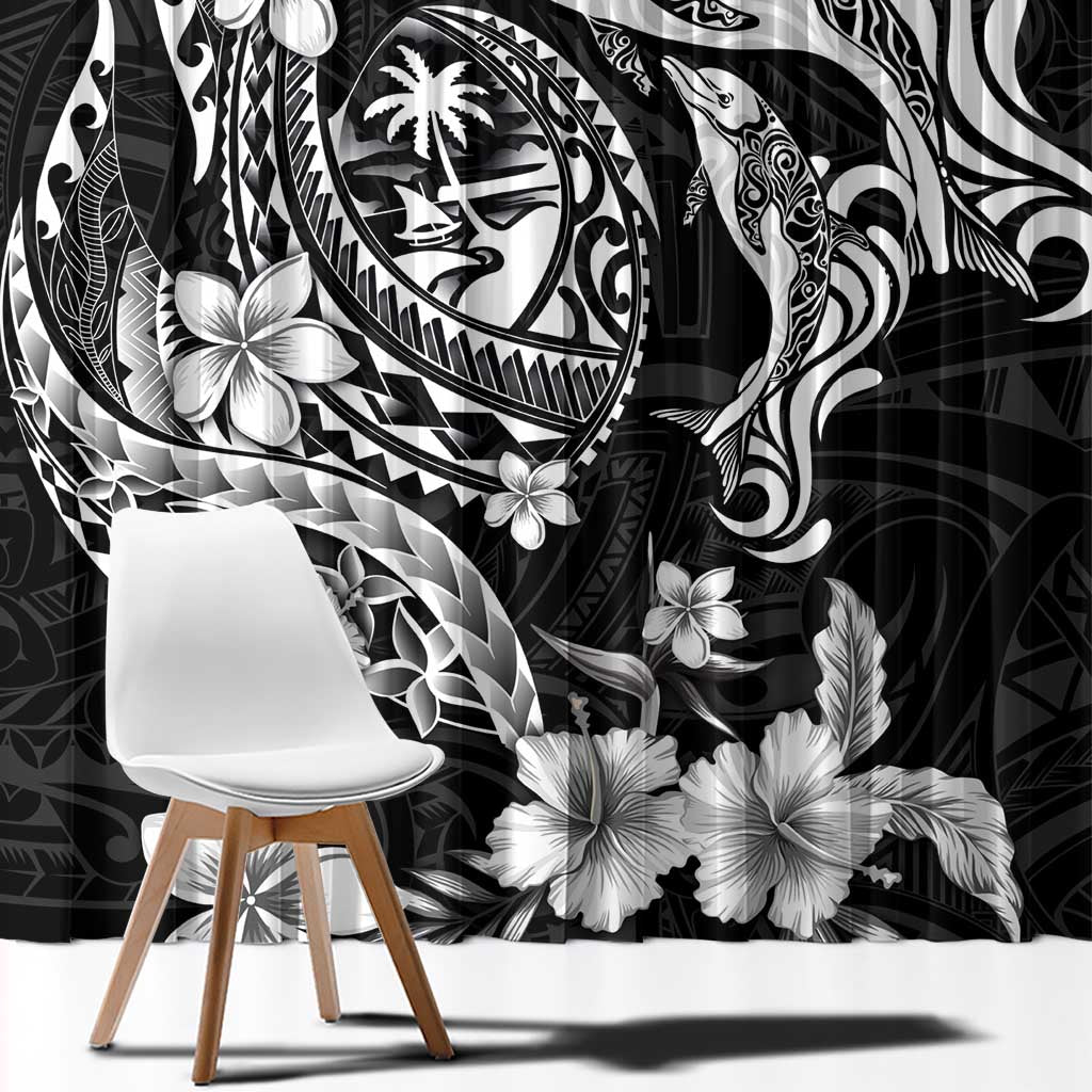 Guam Dolphins Tribal Tattoo Window Curtain Polynesian Art and Tropical Flower Grayscale