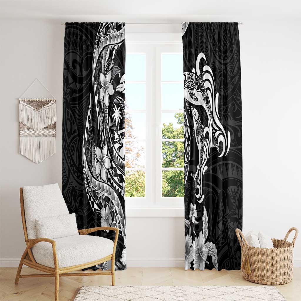 Guam Dolphins Tribal Tattoo Window Curtain Polynesian Art and Tropical Flower Grayscale