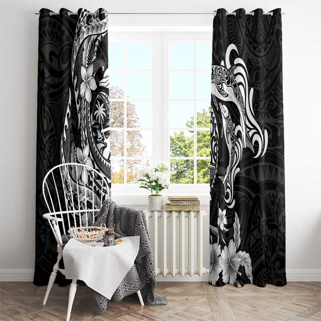 Guam Dolphins Tribal Tattoo Window Curtain Polynesian Art and Tropical Flower Grayscale