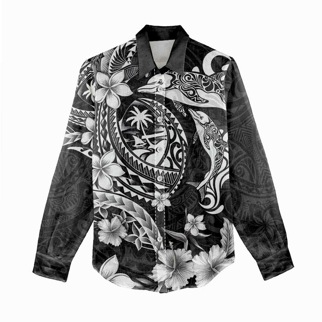 Guam Dolphins Tribal Tattoo Women Casual Shirt Polynesian Art and Tropical Flower Grayscale