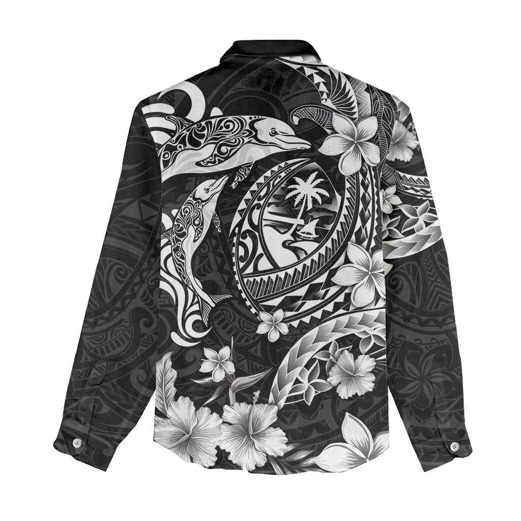 Guam Dolphins Tribal Tattoo Women Casual Shirt Polynesian Art and Tropical Flower Grayscale