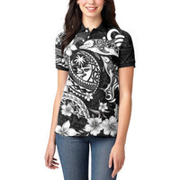 Guam Dolphins Tribal Tattoo Women Polo Shirt Polynesian Art and Tropical Flower Grayscale