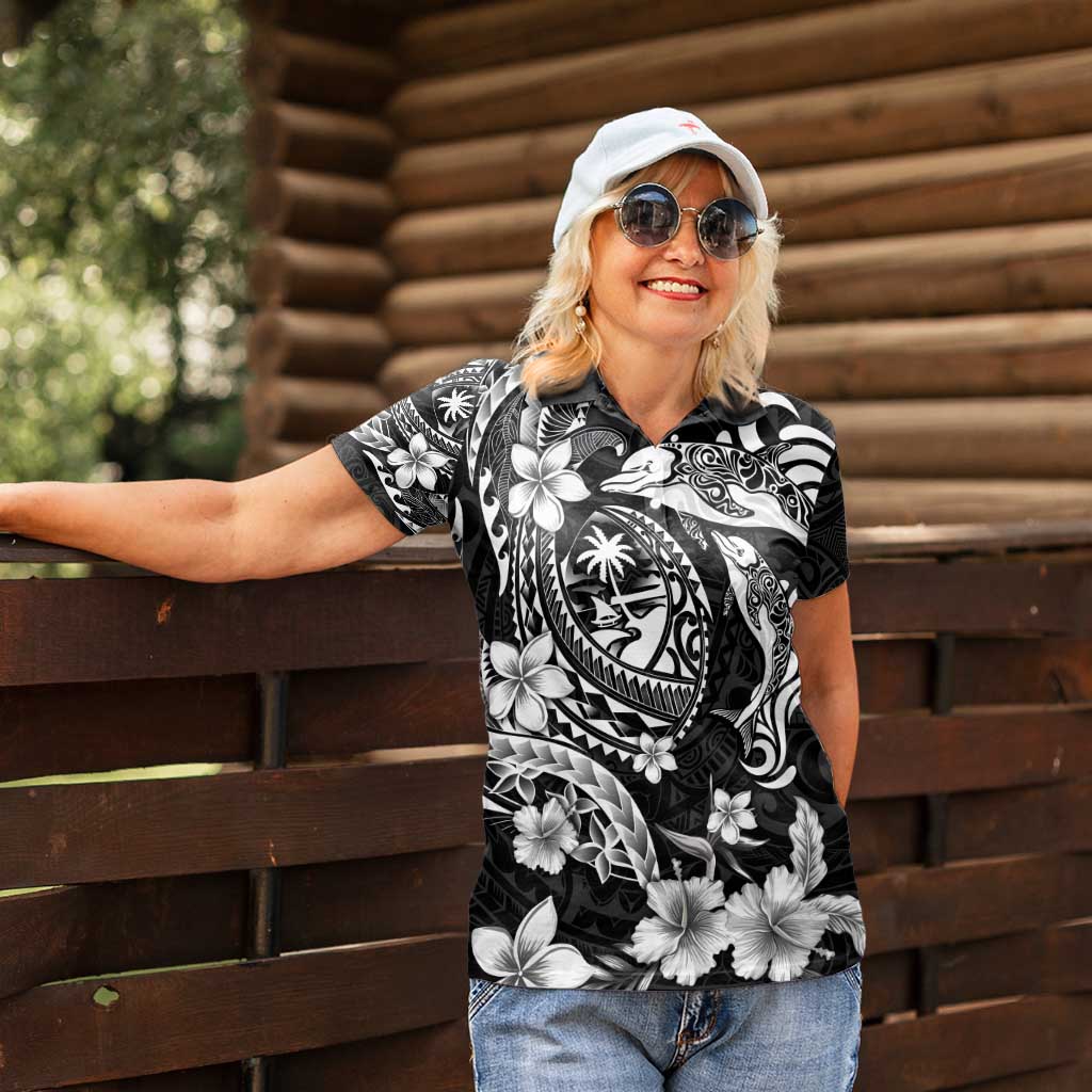 Guam Dolphins Tribal Tattoo Women Polo Shirt Polynesian Art and Tropical Flower Grayscale