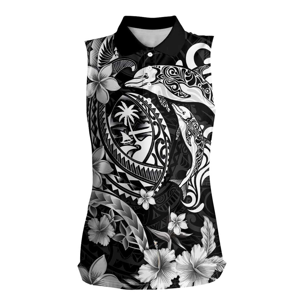 Guam Dolphins Tribal Tattoo Women Sleeveless Polo Shirt Polynesian Art and Tropical Flower Grayscale