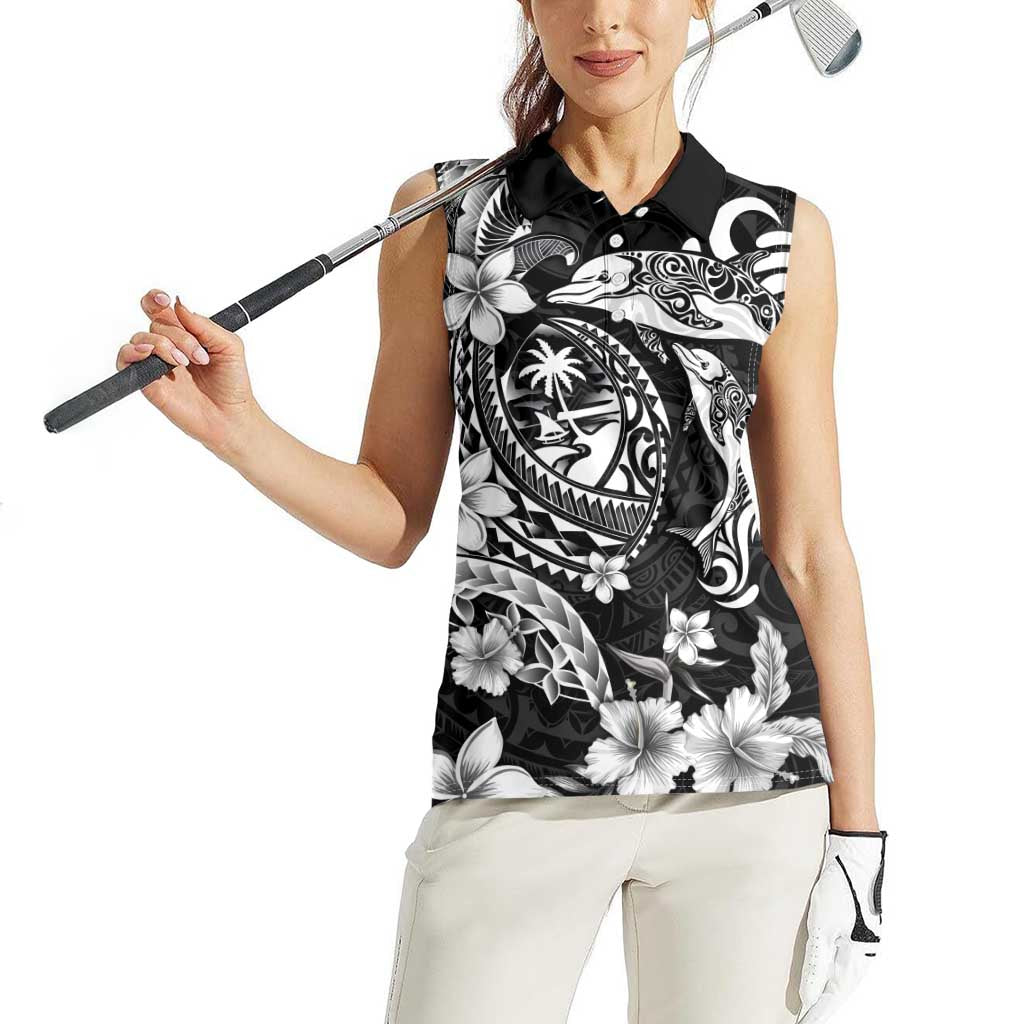Guam Dolphins Tribal Tattoo Women Sleeveless Polo Shirt Polynesian Art and Tropical Flower Grayscale