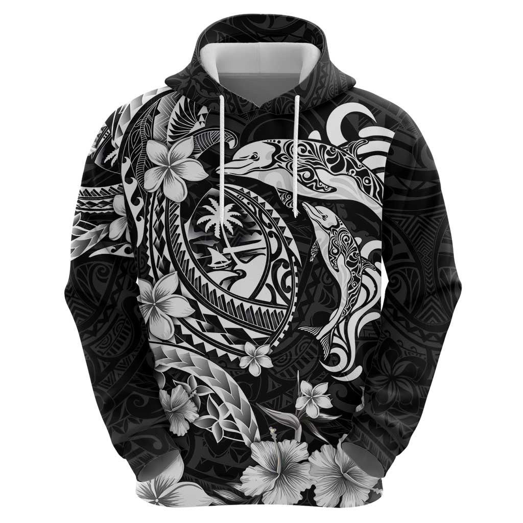 Guam Dolphins Tribal Tattoo Zip Hoodie Polynesian Art and Tropical Flower Grayscale