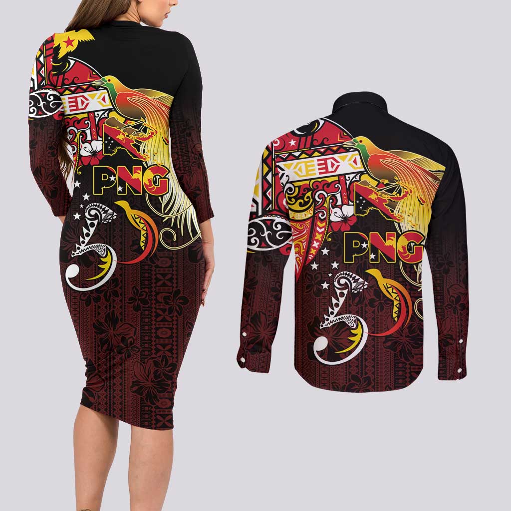 Papua New Guinea 2025 Couples Matching Long Sleeve Bodycon Dress and Long Sleeve Button Shirt 50th Independence Day Anniversary LT03 - Polynesian Pride