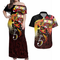 Papua New Guinea 2025 Couples Matching Off Shoulder Maxi Dress and Hawaiian Shirt 50th Independence Day Anniversary LT03 Red - Polynesian Pride