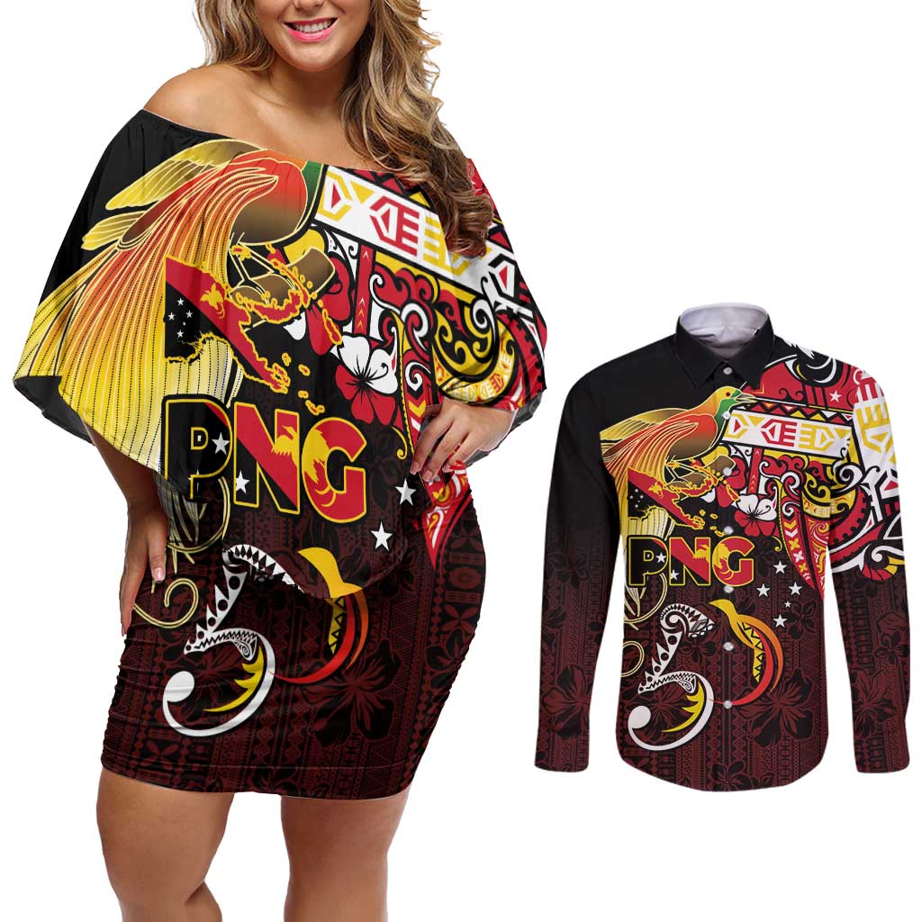 Papua New Guinea 2025 Couples Matching Off Shoulder Short Dress and Long Sleeve Button Shirt 50th Independence Day Anniversary LT03 Red - Polynesian Pride