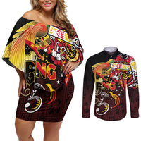 Papua New Guinea 2025 Couples Matching Off Shoulder Short Dress and Long Sleeve Button Shirt 50th Independence Day Anniversary LT03 Red - Polynesian Pride