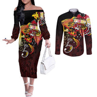 Papua New Guinea 2025 Couples Matching Off The Shoulder Long Sleeve Dress and Long Sleeve Button Shirt 50th Independence Day Anniversary LT03 Red - Polynesian Pride