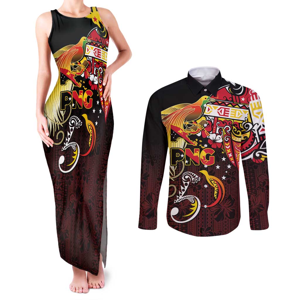 Papua New Guinea 2025 Couples Matching Tank Maxi Dress and Long Sleeve Button Shirt 50th Independence Day Anniversary LT03 Red - Polynesian Pride