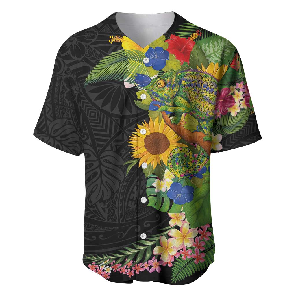 Hawaiian Tropical Plants and Chameleon Baseball Jersey Polynesian Art Colorful - Polynesian Pride