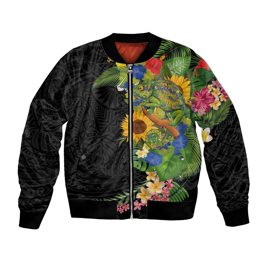 Hawaiian Tropical Plants and Chameleon Bomber Jacket Polynesian Art Colorful - Polynesian Pride