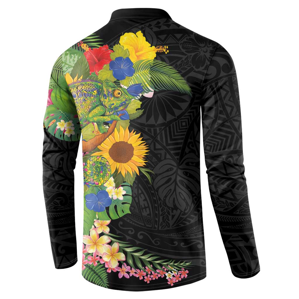 Hawaiian Tropical Plants and Chameleon Button Sweatshirt Polynesian Art Colorful - Polynesian Pride