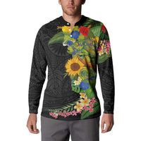Hawaiian Tropical Plants and Chameleon Button Sweatshirt Polynesian Art Colorful - Polynesian Pride
