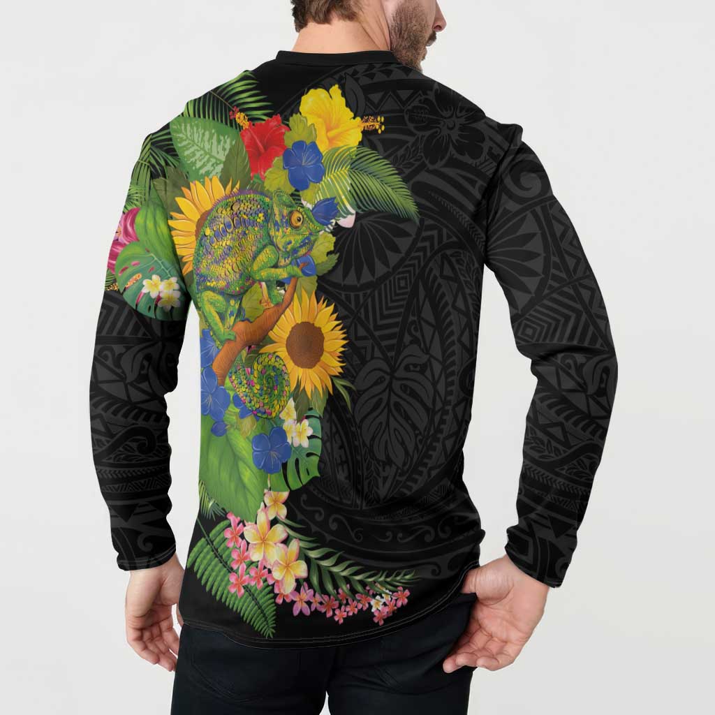 Hawaiian Tropical Plants and Chameleon Button Sweatshirt Polynesian Art Colorful - Polynesian Pride