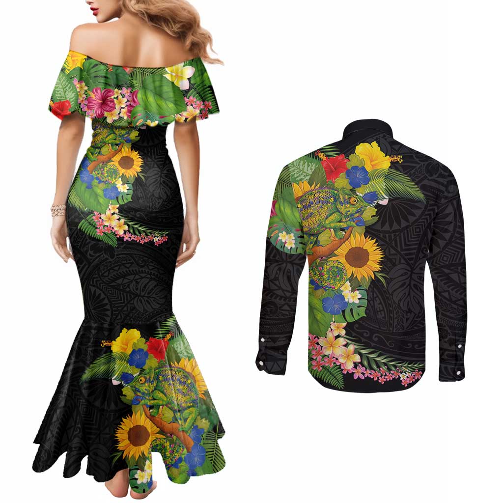 Hawaiian Tropical Plants and Chameleon Couples Matching Mermaid Dress and Long Sleeve Button Shirt Polynesian Art Colorful - Polynesian Pride